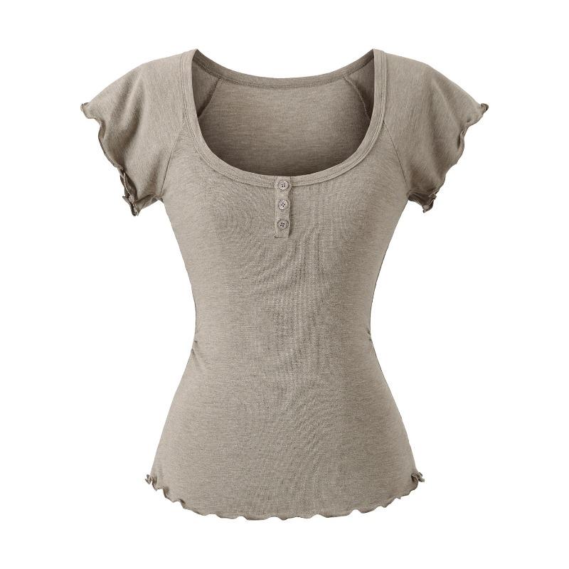 Korean niche design sense U-neck short-sleeved T-shirt for women, summer new button lace slim-fitting and thin top trendy