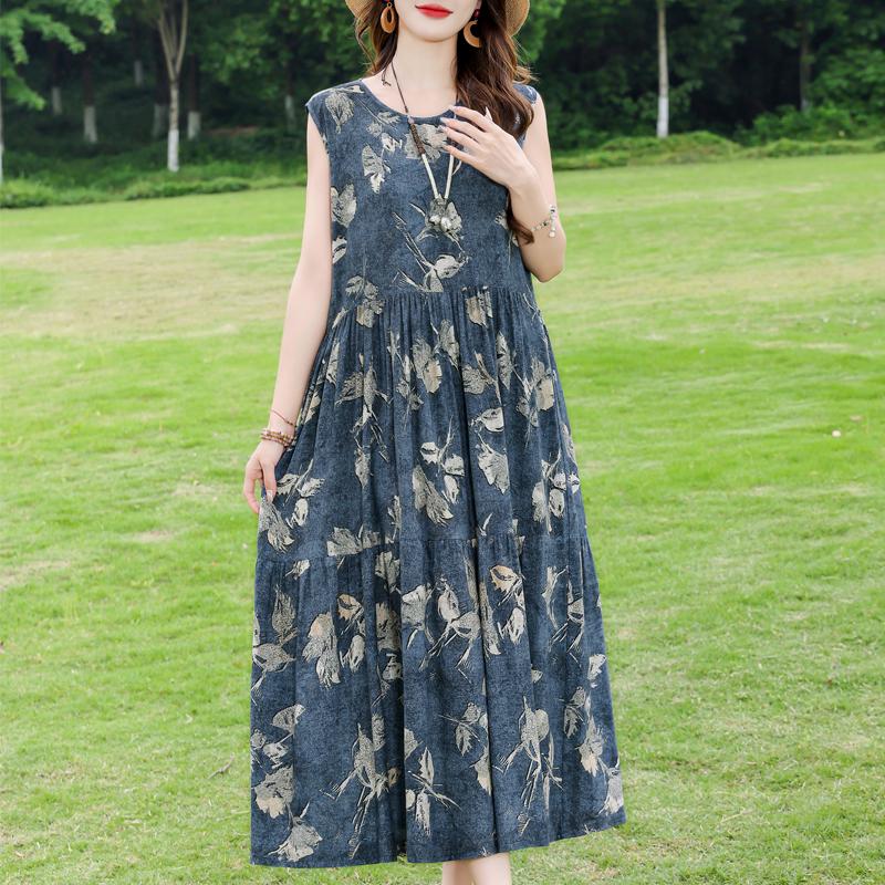Elegant Sleeveless Dress for Women Plus Size Loose Vintage Print Long Dress Summer Middle-aged Women's Clothing
