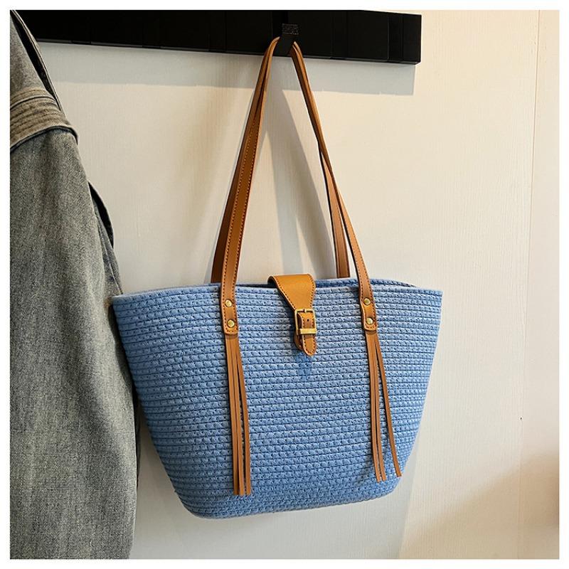 

Сплетенная вручную сумка большой вместимости женская новая летняя пляжная модная на плечо сумка-тоут синий