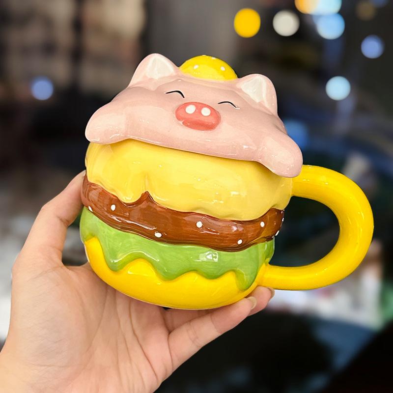 Creative Design Ceramic Burger Mug with Lid Cute Cartoon Animal Shape Household Drinking Cup Souvenir