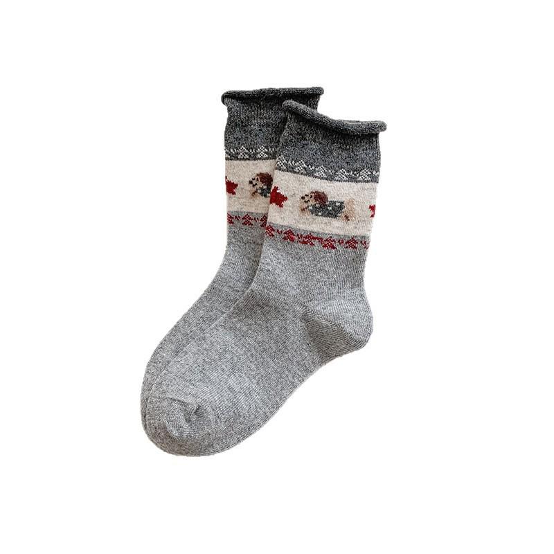 YOUJIAXIU Women's Wool Warmth Fair Isle Mid-Calf Socks - Thickened Plus Velvet, Cute Puppy Design for Autumn/Winter