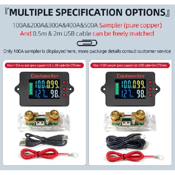 Pro High Precision Color RV Coulomb Meter 8-100V Voltage 50-500A Current Battery Charging and Discharging Monitor Indicator