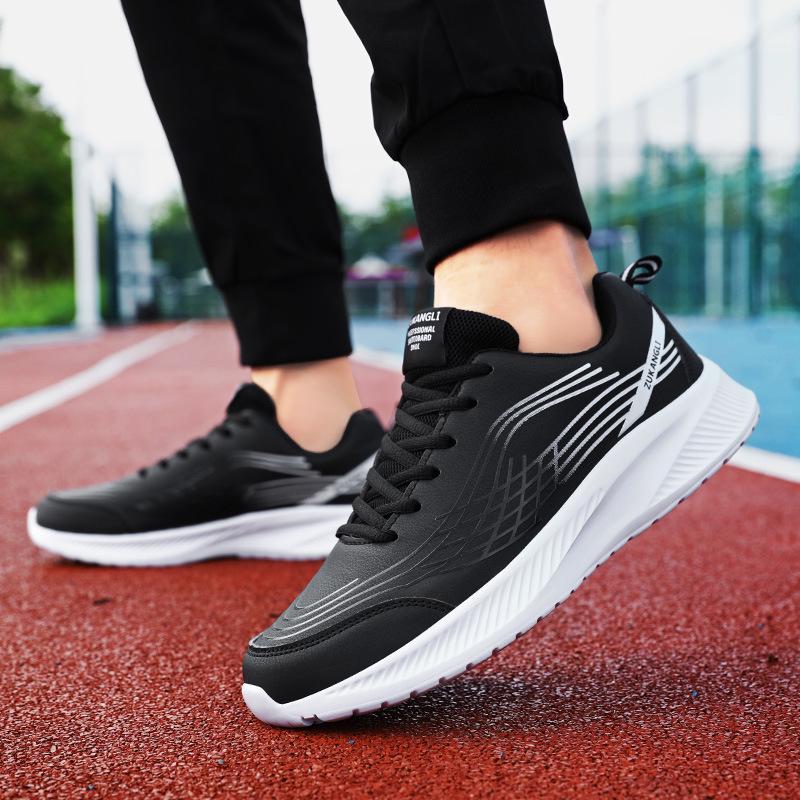 Men's Black Waterproof Leather Running Shoes - Autumn Lightweight, Shock-Absorbing, Versatile Casual Sneakers