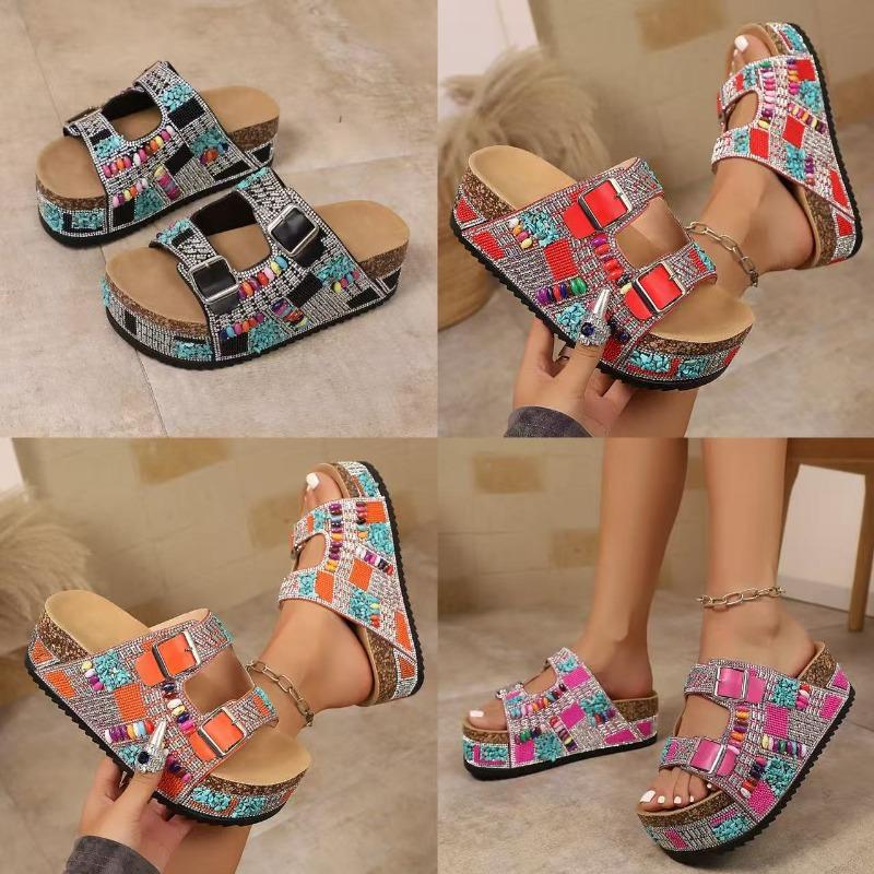 Spot Large Size New Thick-bottomed Rhinestone Double-buckle Beach Slippers Summer Foreign Trade Cork Cool Slippers Women