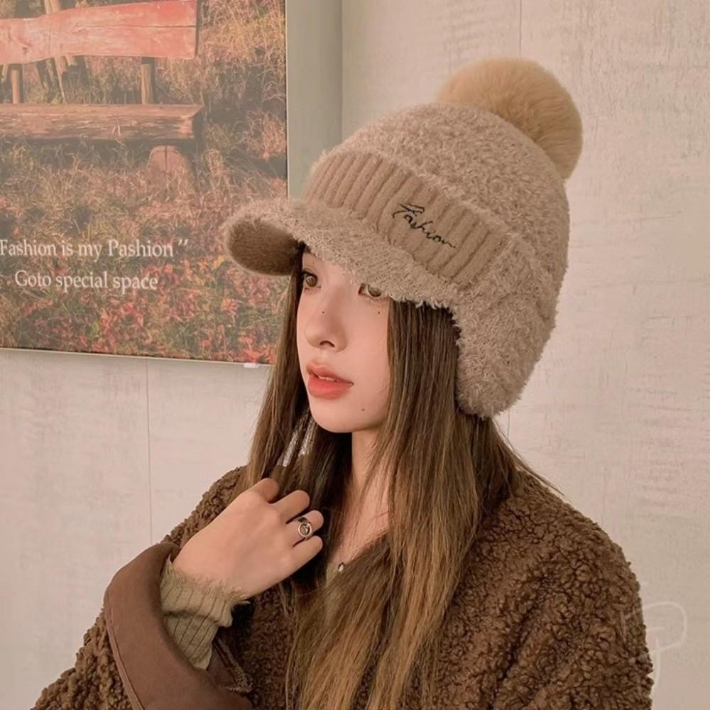 Windproof Knitted Baseball Cap Solid Color Pompom Plush Beanie Fashion Warm Earmuffs Cap  Skiing