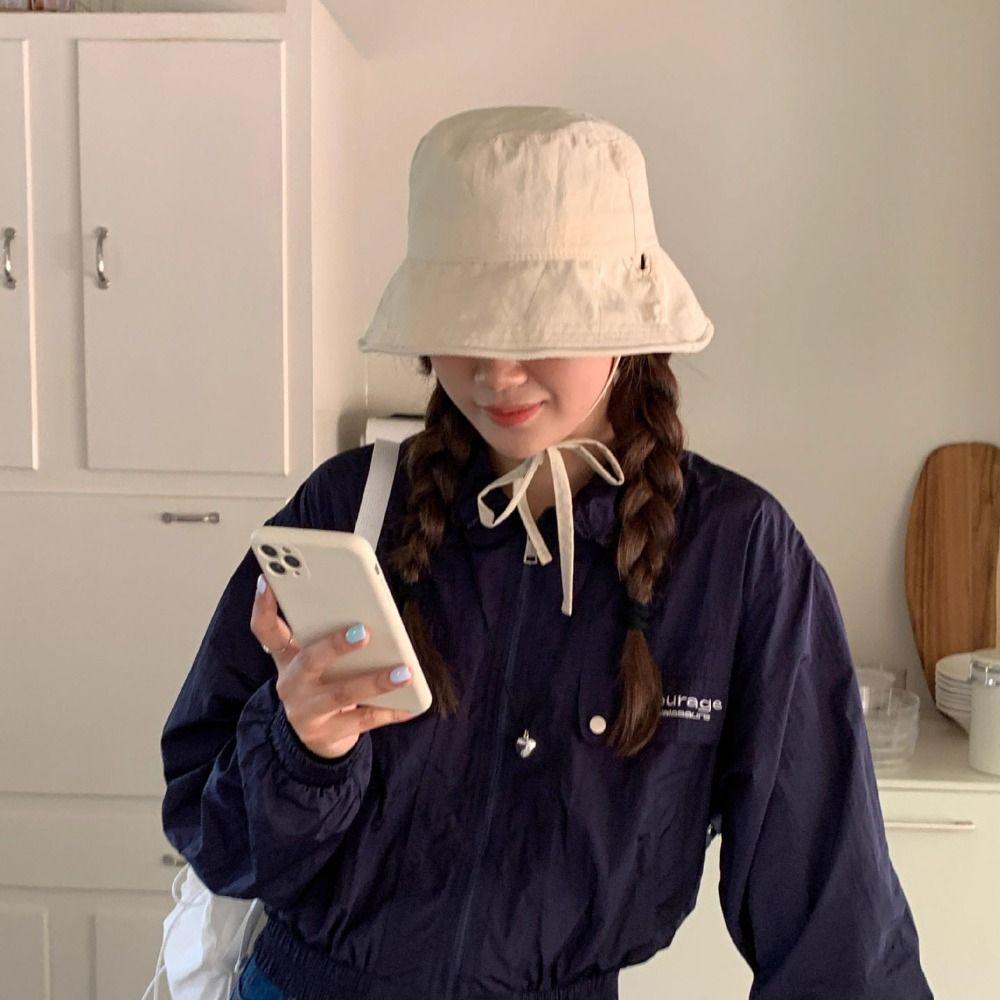 Wide Brim Bow Bucket Hat Solid Color Summer Sun Hat Simple Sunscreen Fisherman Hat  Camping