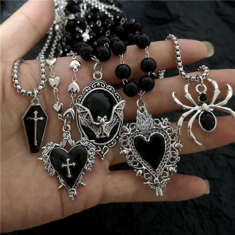 Gothic Bat Cross Dark Thorn Love Heart Pendant Black Bead Stacked Necklace Y2K Personalized Halloween Charm Grunge Jewelry Gift