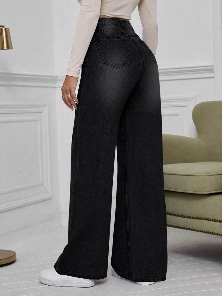 Women's Washed Black Denim Wide-Leg Jeans - Trendy, Loose, Straight, Casual Fashion