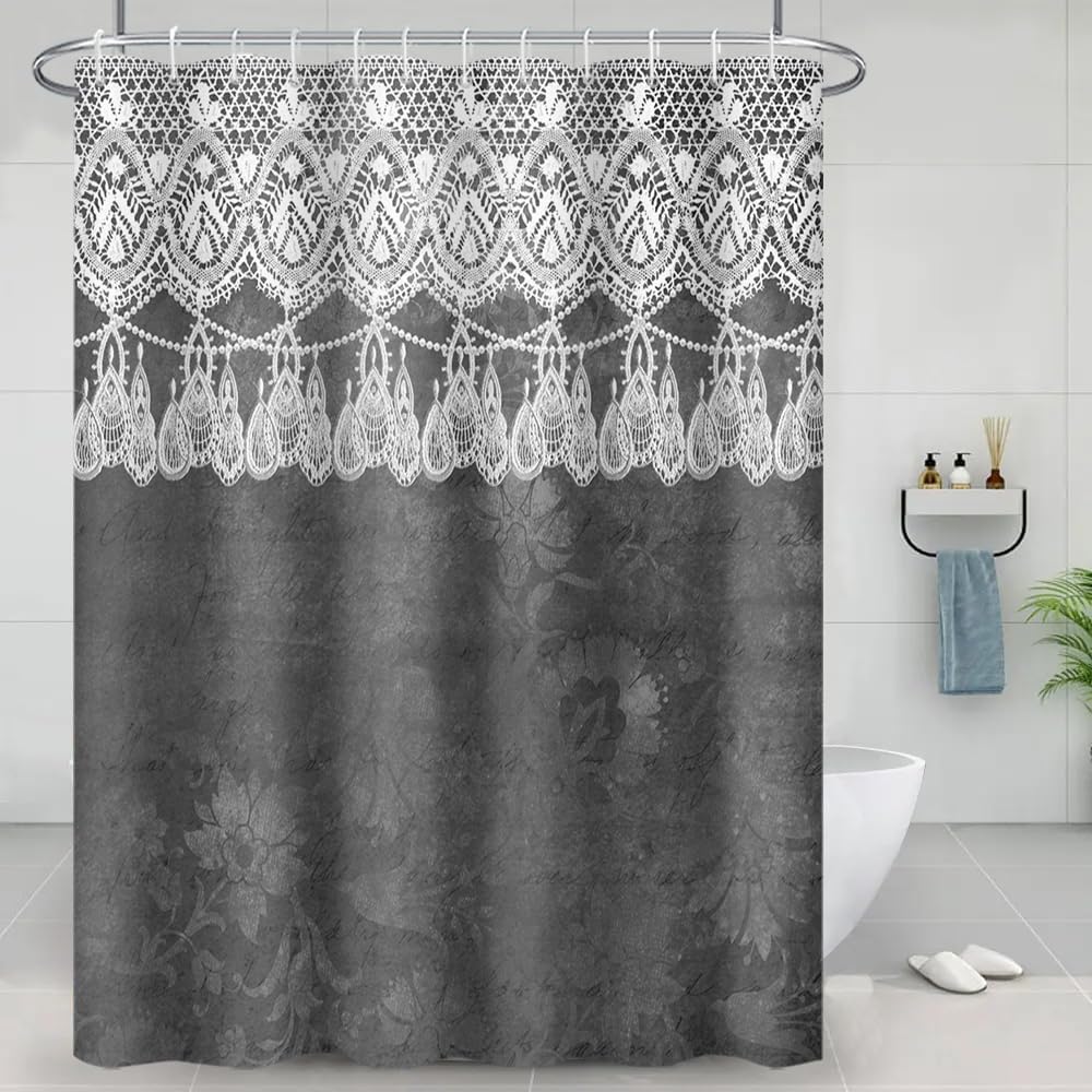 

Gray Lace Shower Curtain Vintage Floral Design Bathroom Decor Elegant White Lace Pattern Romantic Style Bath Accessory Home W60H190(CM)-1 Pcs