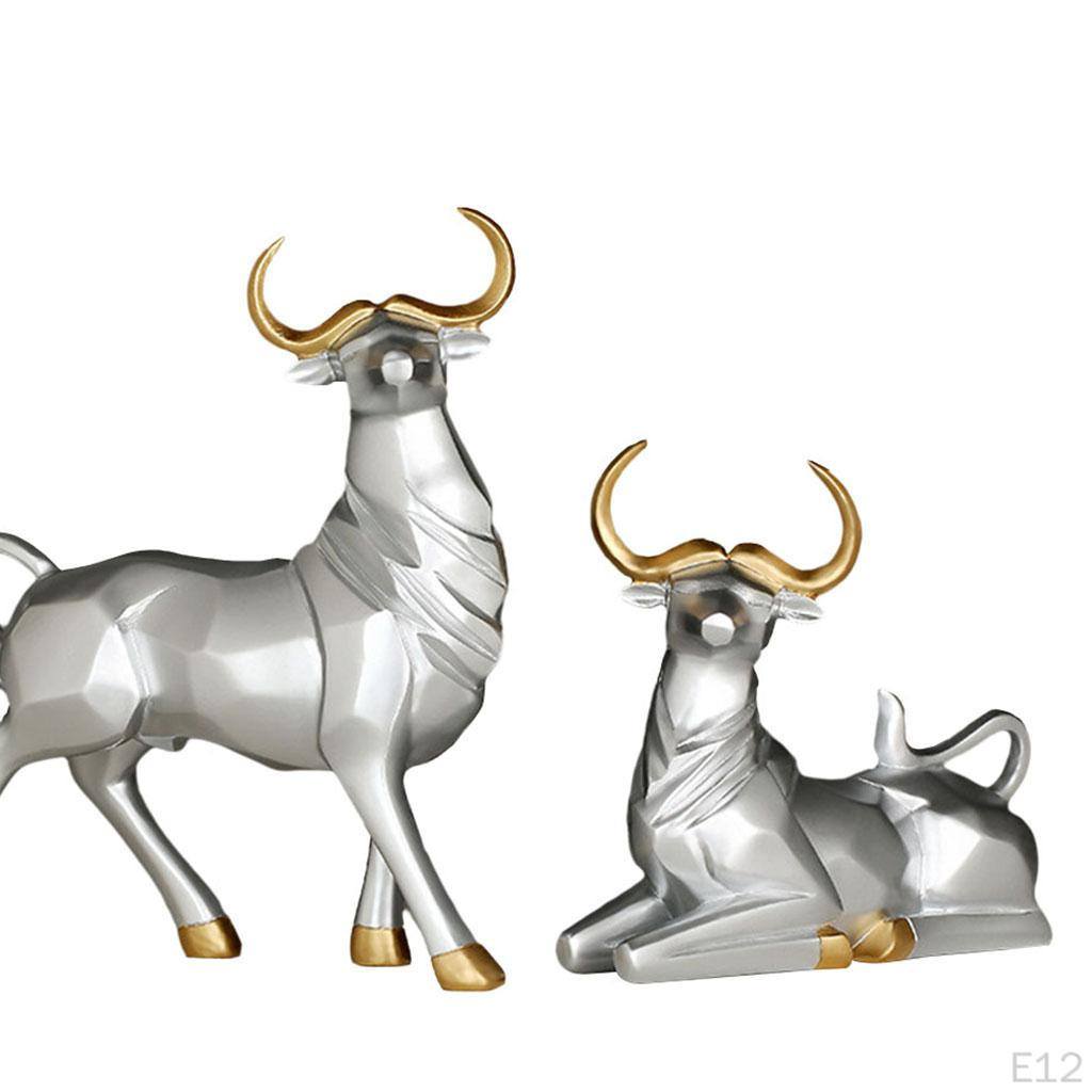 1 Pair Statue Bull Sculpture Figurine Lucky Craftwork for Bookshelf Desk Living Room Christmas Gift