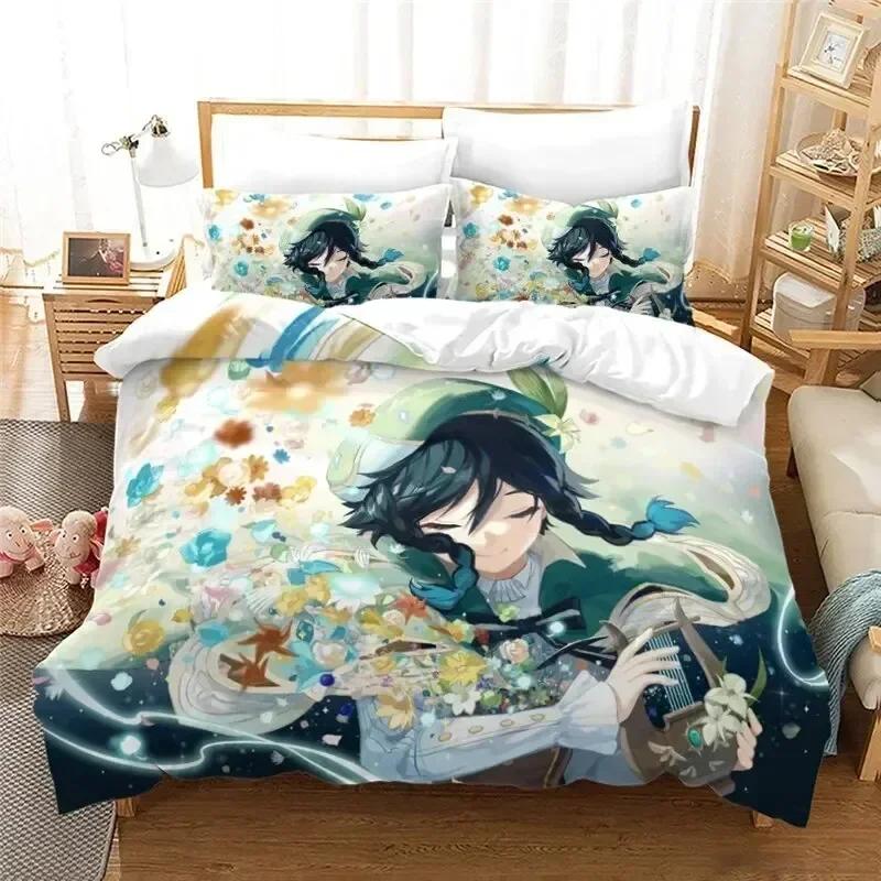 Anime Genshin Impact Paimon Bedding Set Duvet Cover Sheet Printed Bed Set Pillowcase Bed Full Queen King Size Comforter Bedroom