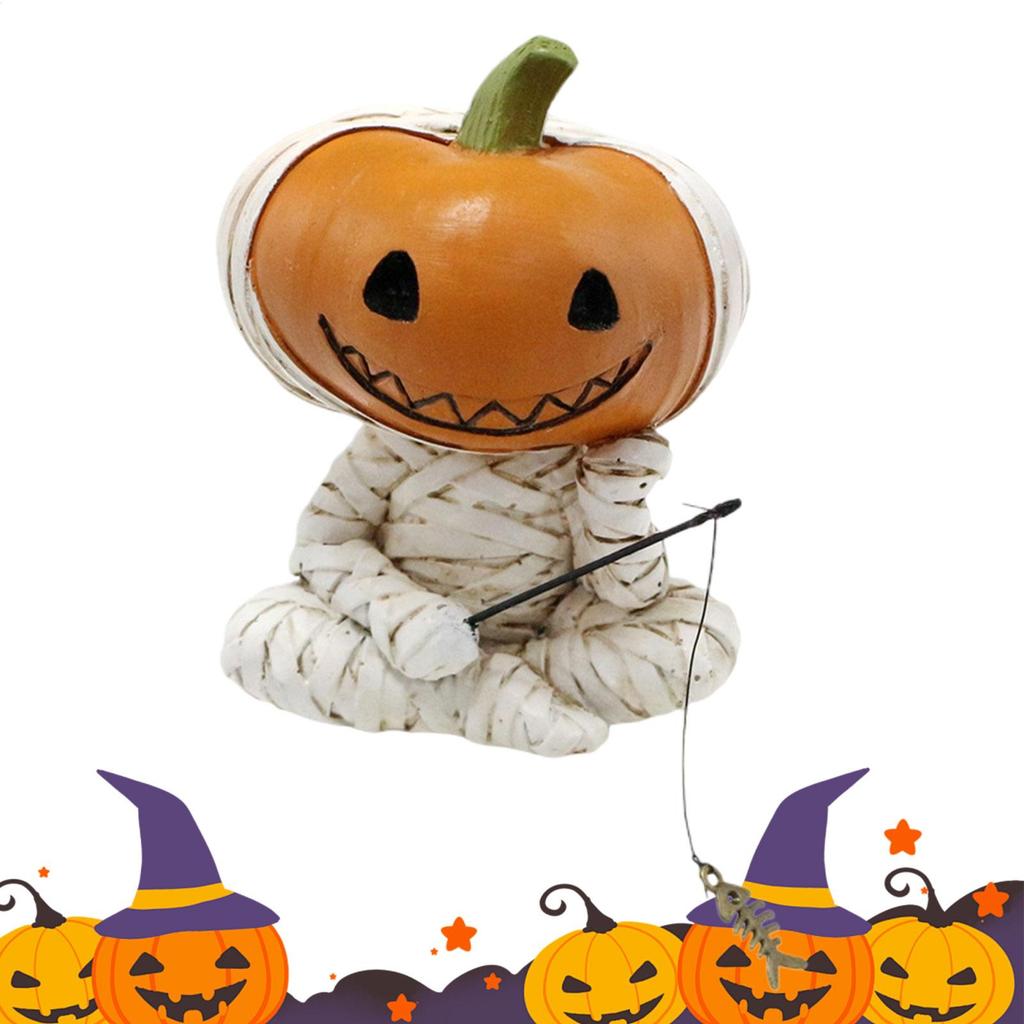 Halloween Figurines Mummy Pumpkin Fisherman Figurine Pumpkin Head Man Fishing Ornaments Spooky Gothic Statue Home Desktop Decor