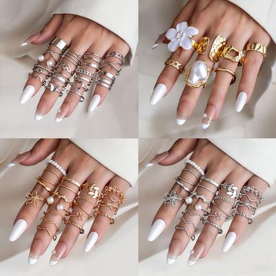 Liquid Lava Flower Open Ring Set Shaped Baroque Imitation Pearl Set Gemstone Ring Female