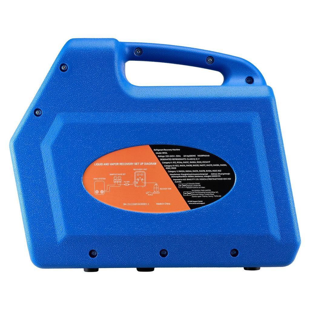 Portable Refrigerant Recovery Machine, 3/4 HP 220V 50Hz Single Cylinder AC Recovery Machine for Liquid Vapor Refrigerant, 1450 RPM Recycling Unit HVAC