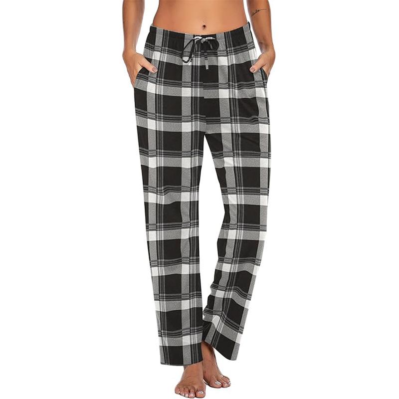 European and American Women's Plaid Print Casual Sleep Pants - Drawstring Loose Fit