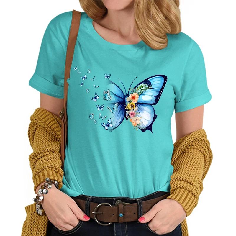 Flower Butterfly Lover Casual Tops Vintage Flower Design Tshirt Female Butterfly Print Premium Casual Short Sleeve TShirt Women