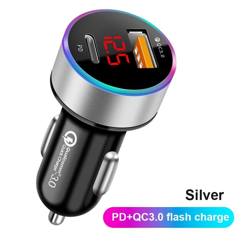 SEAMETAL 38W Car Charger PD+USB QC3.0 Quick Charging Phone Charger with LED Voltmeter Display