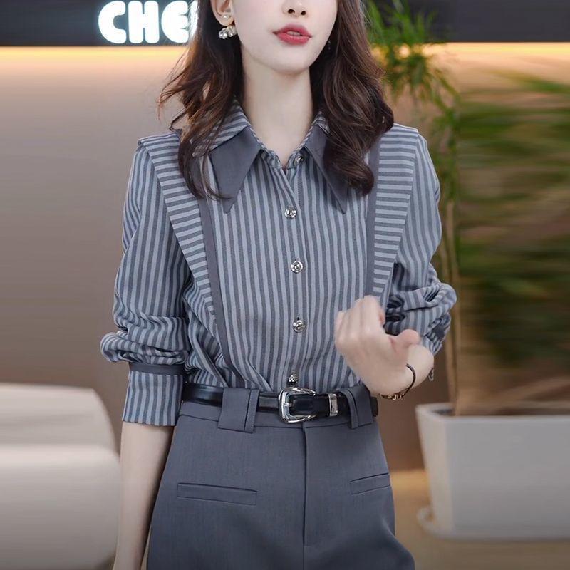 Elegant Age-Defying Striped Long-Sleeve Shirt for Women - Versatile Slimming Top for Spring & Autumn