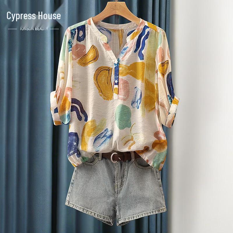 Silksparrow Women s V-Neck Printed Loose Blouse S