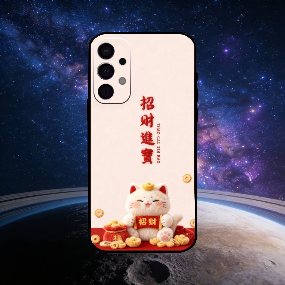 Uroczy Szczęśliwy Kot Maneki Neko Etui na Telefon Dla Samsung S25,S24,S23,S22,S21,S20,Ultra,Plus,FE Czarne Miękkie Etui