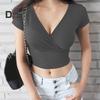 Dámské triko s hlubokým výstřihem do V krátkým rukávem Tričko s odhaleným pupíkem Slim Fit Jednobarevné topy Lehké strečové topy