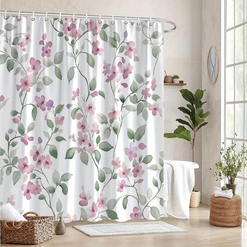 Floral Shower Curtain, Pink Purple White Watercolor Flowers & Green Leaves, Machine Washable Polyester, Romantic Bathroom Decor