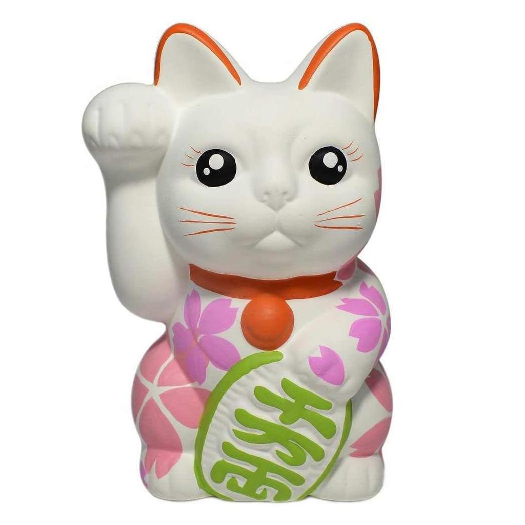 Seto Ware Maneki Neko 15.5cm Tall Sakura Painted Right Hand (White)