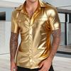 Herren Metallic Button-up Hemd Kurzarm Revershemd Nachtclub Bühnenkostüm Slim Fit Hemd für Partys Bars Clubs
