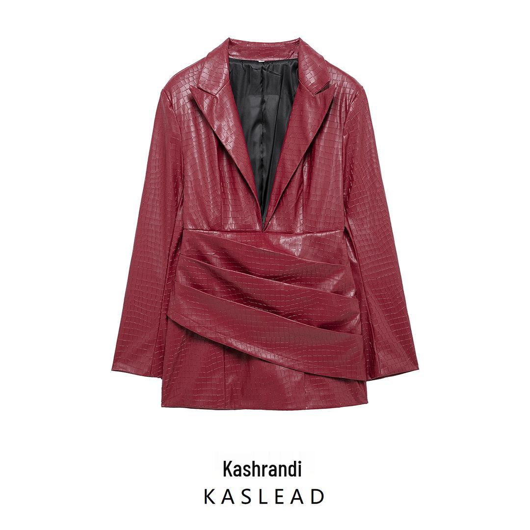 

2025 Spring Women s European & American Style Red Deep V-Neck Ruched Leather Dress L