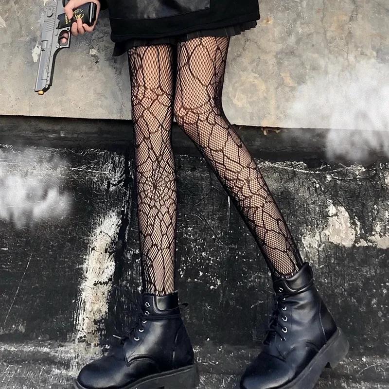 Kawaii Gothic Hollow Out Pantyhose Lolita Bow Knot Fishnet Stockings Women Spicy Girl Black White Sexy Thin Ins Tide Lace Tights