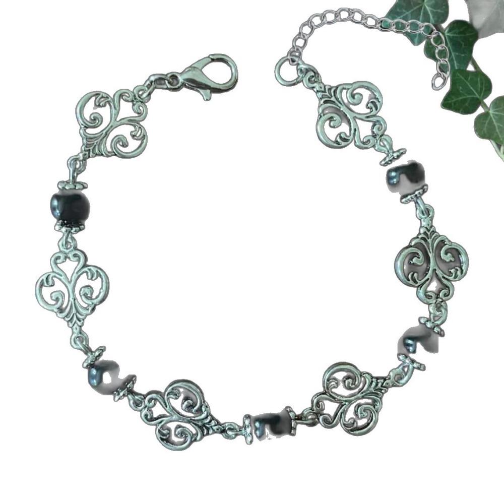 Punk Gothic Silver Color Hollowed Scrollwork Black Onyx Bracelets for Women Men Halloween Magic Street Fashion Styling Jewelry