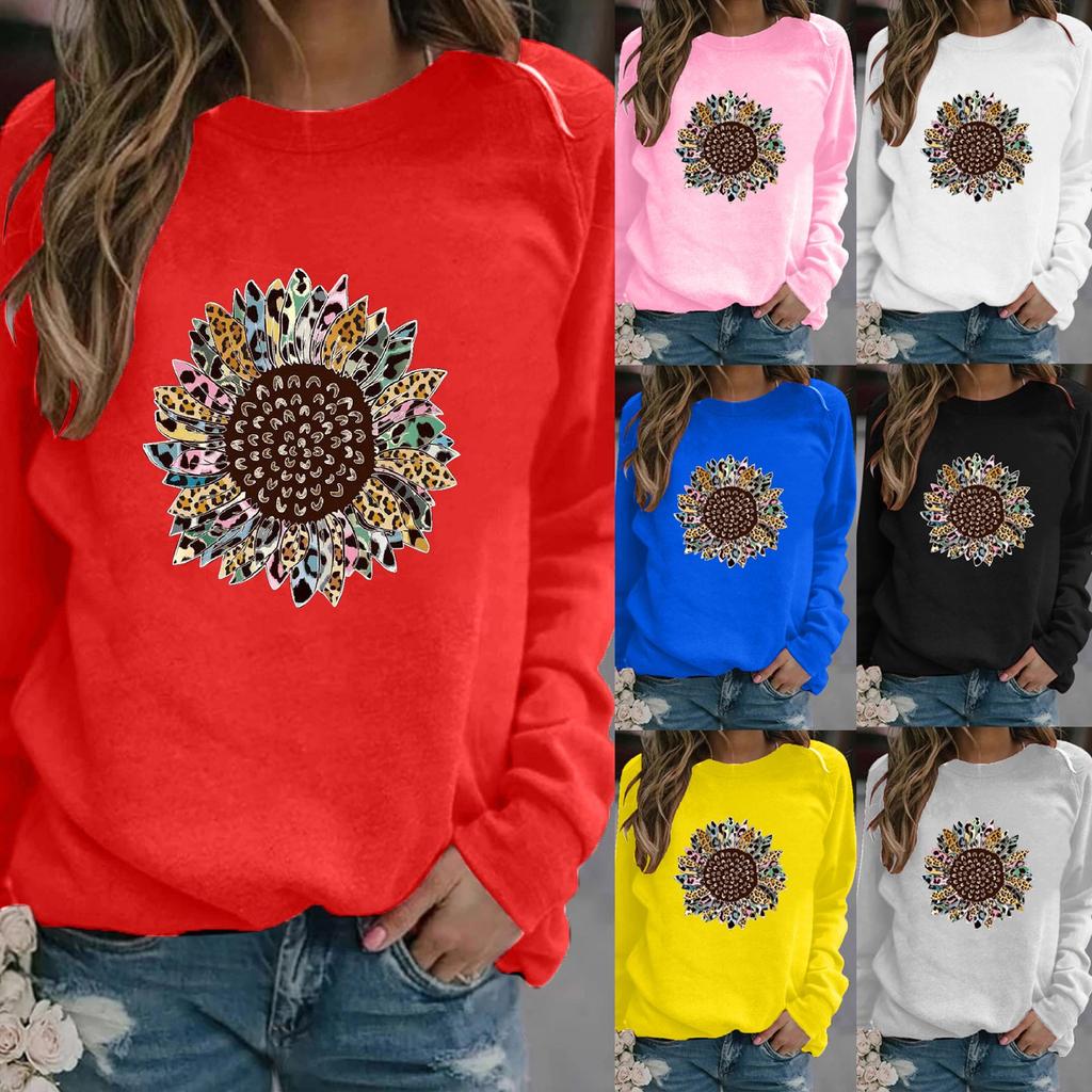 Women's Fashion Casual Print Round Neck Sweater Loose Sports Tops Pullover