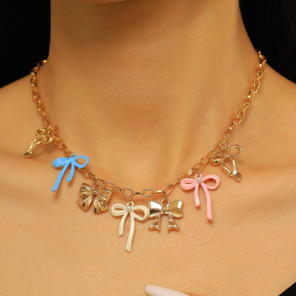 Summer Fashion Dopamine Colorful Drip Oil Bow Pendant Necklace Bracelet Anklet Set for Women Sweet Girl Vacation Jewelry Sets
