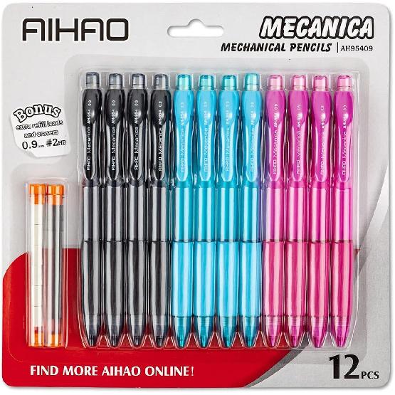 AIHAO Mechanical Pencil 0.9, Thick Point, HB lead pencils with refills and cap erasers, Comfort Grip, Assorted Barrel Colors, 12 Pack