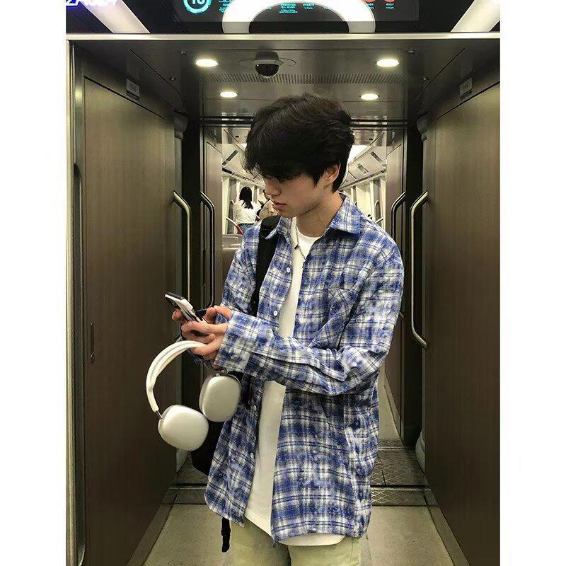 

Унисекс Рубашка с длинным рукавом в клетку в стиле ретро - Многофункциональная куртка в гонконгском стиле Весна/Осень 2024 XXL синий