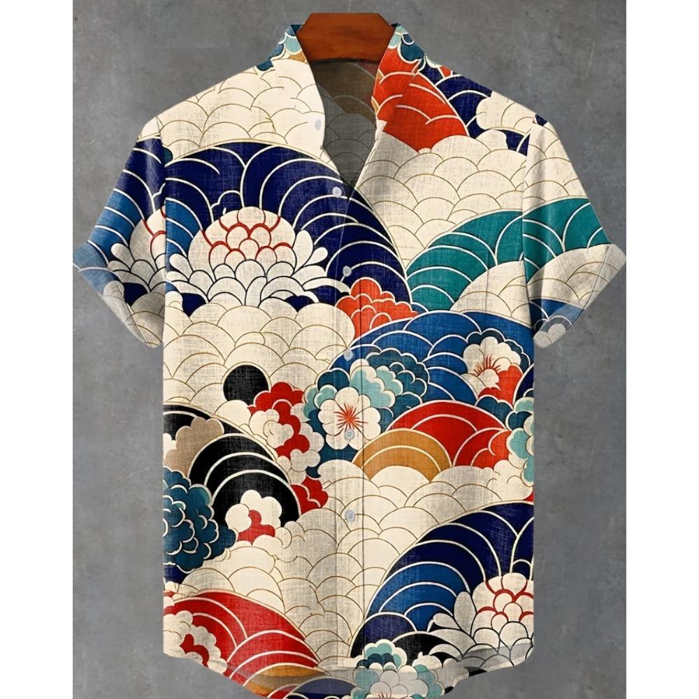 

Hawaiian men s linen shirt abstract patchwork pattern art print shirt beach vacation daily travel men s clothing fast delivery S