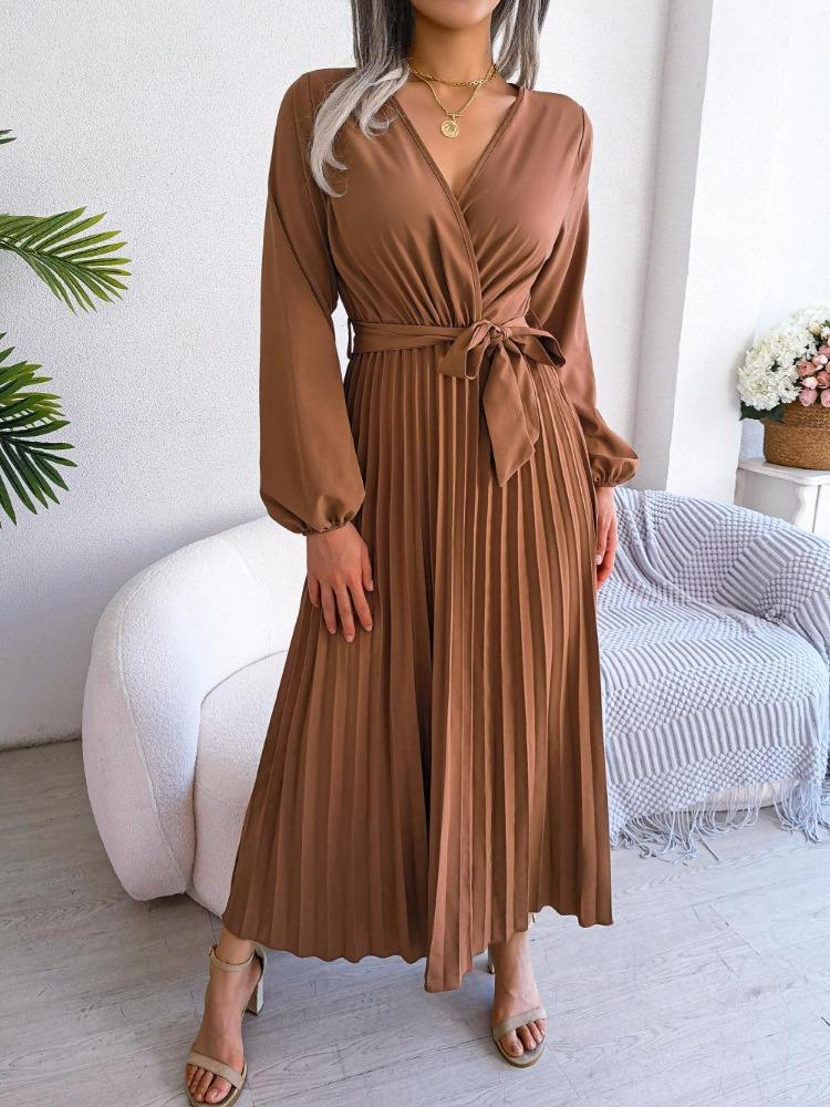 Elegant Women Pleated Maxi Dress Long Sleeve V Neck