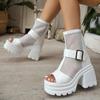 Fashion Chunky Heel Sandals Summer New Round Head Open Toe Splicing Mesh Metal Buckle Back Zipper Waterproof Platform High Heels