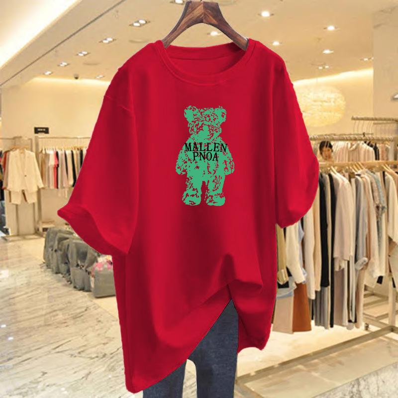Spring and Summer Cartoon Foreign Style Pure Cotton Loose Bear T-shirt Short Sleeve Women's Summer New