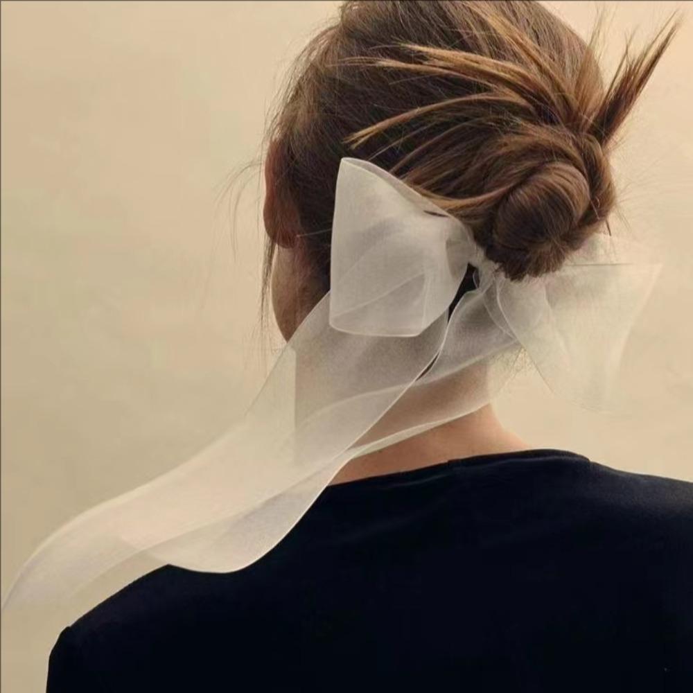 Spring Solid Color Lace Yarn Ribbon Hair Scrunchies Women Bow Elastic Hair Rope Ponytail Holder Girls Hair Ties Accessories