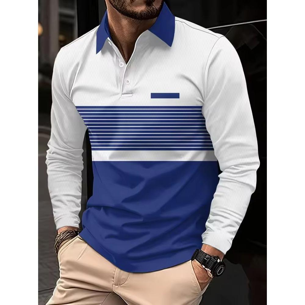 Ew Men Long Sleeve Tshirt Splicing Polos Tee Business Breathable Streetwear Basic Lapel Tops Lightweight T Shirts