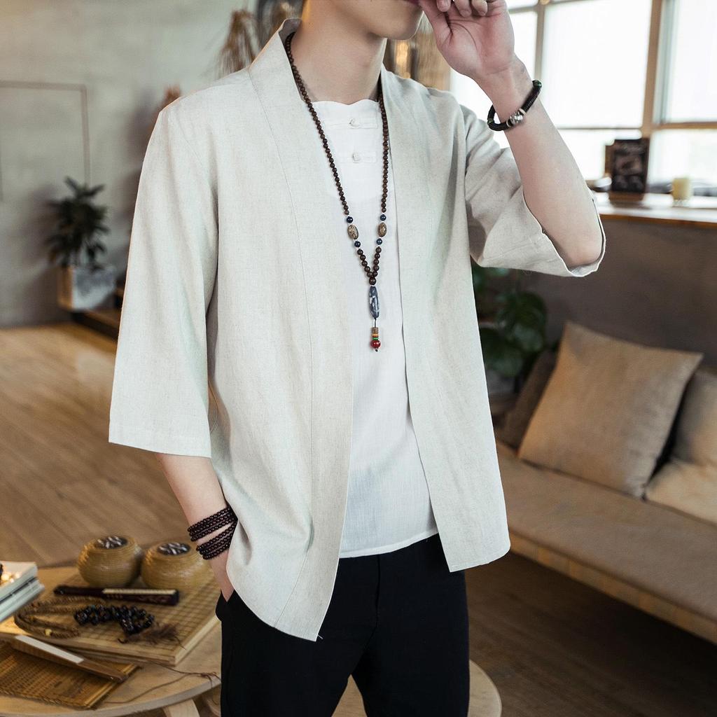 Men's Chinese Style Linen Hanfu Cardigan - Loose Fit, Plus Size, Casual Three-Quarter Sleeve Shirt