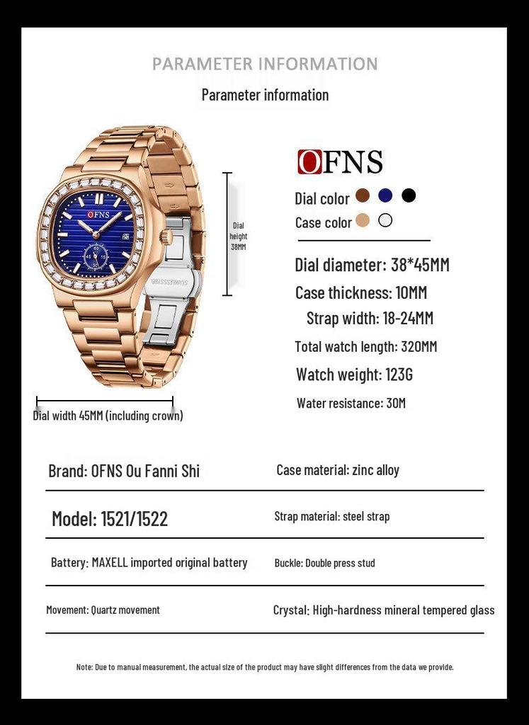 OFNS Men's Classic Quartz Watch: Square Diamond-Inlaid Dial, Dual Calendar, Waterproof, Two-Hand Design