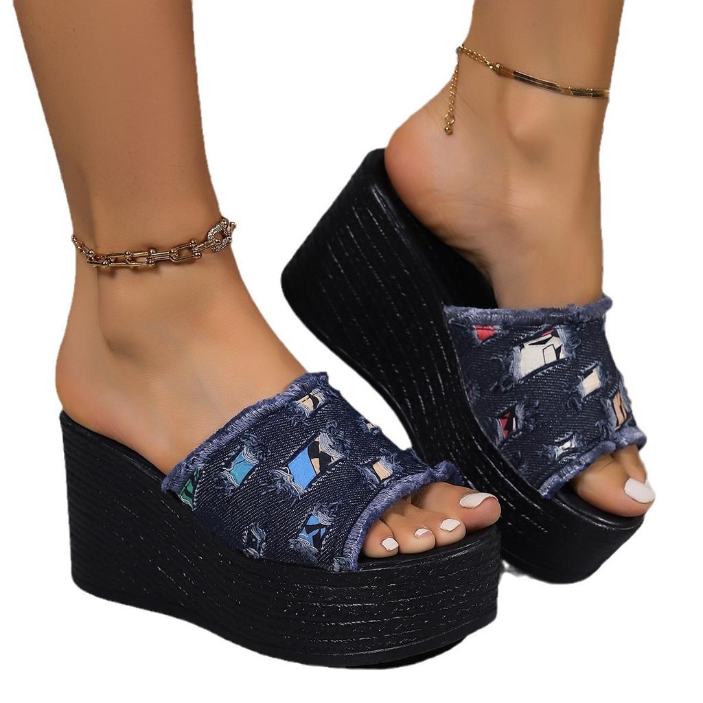 Platform slippers women's 2025 spring and summer new European and American large-size fashion denim wedge heel Roman sandals women's shoes
