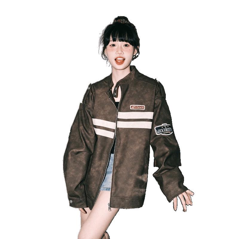 American Retro Striped Color Block Racing Leather Jacket for Men & Women - 2025 Spring Couples' Casual Trend.