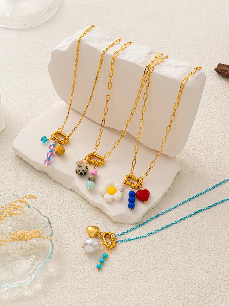 INS style handmade DIY multi pendant necklace, neckchain, pearl heart jewelry, gold-plated and color preserving