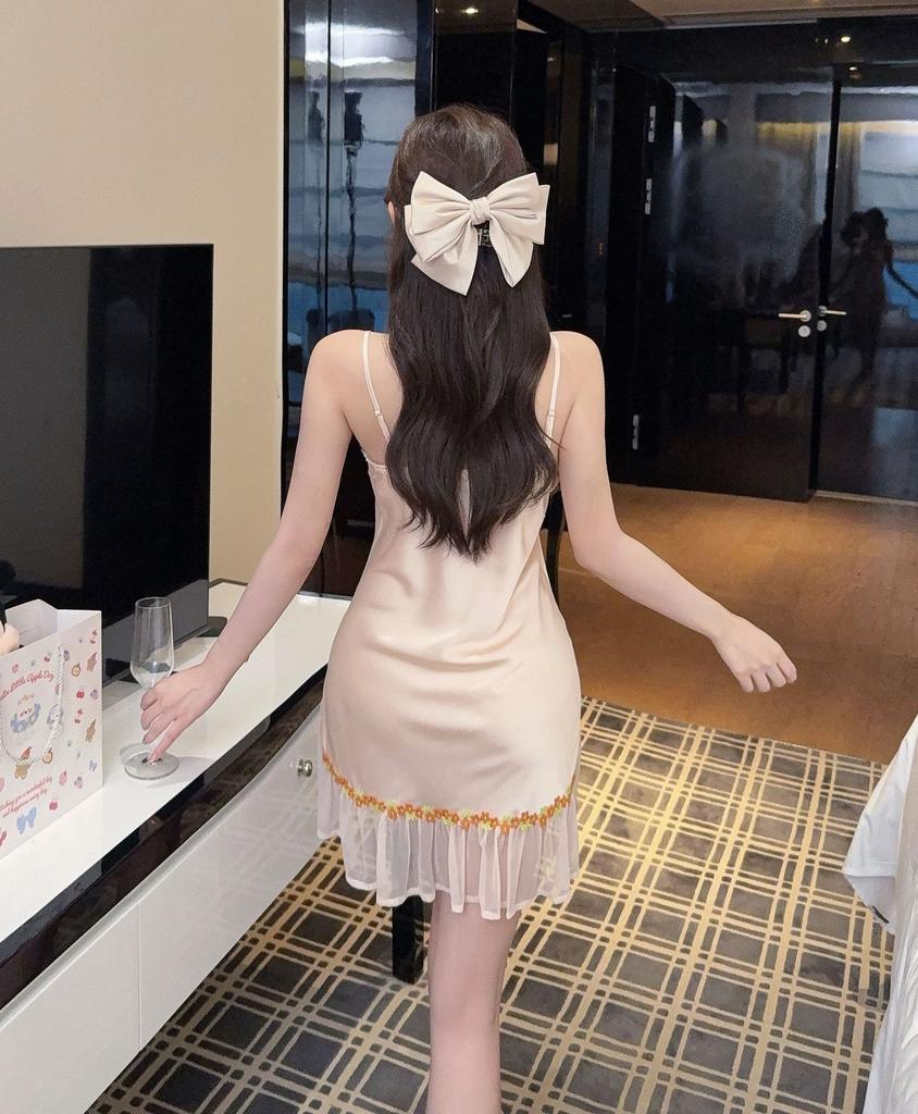 New female sexy ice silk suspender nightdress thin summer pajamas pure temptation embroidered lace mesh loungewear