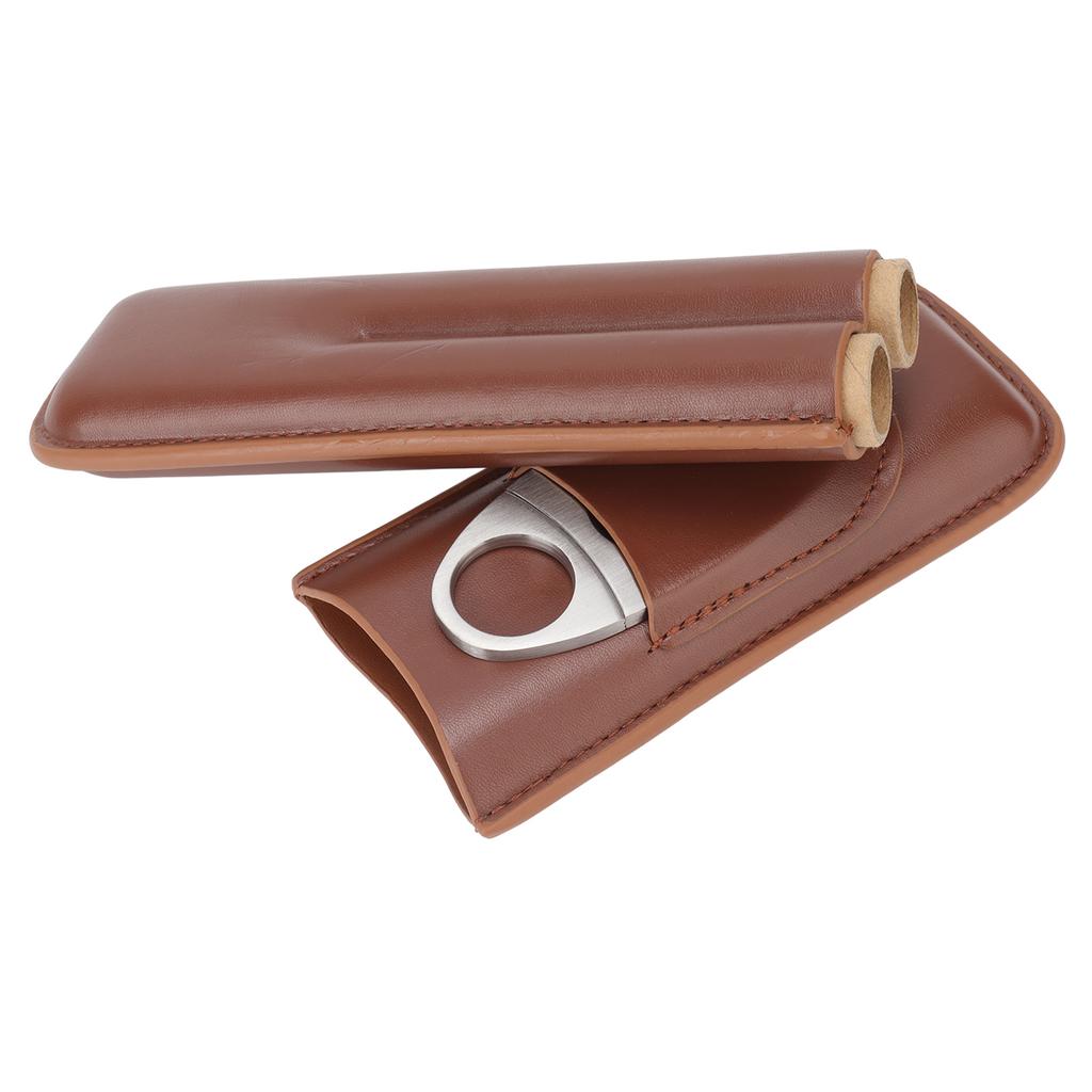 Portable Travel Cigar Case Wear Resistance Leather Cigar Holder with Cigar Clipper for 2 Cigars Business Office