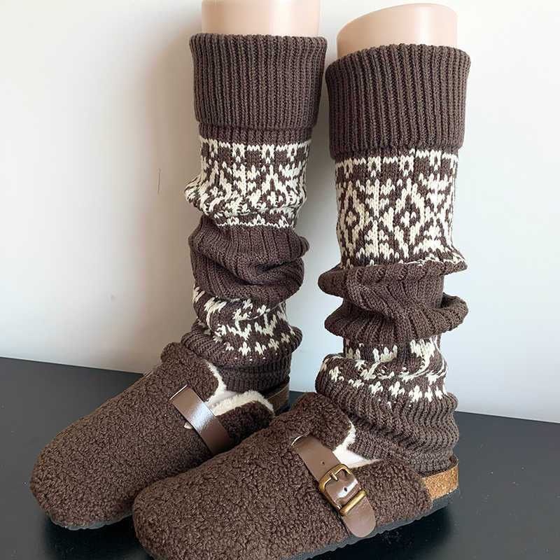 Mallard Color Thick Thermal Knit Sock Leg Warmers Autumn Winter Fair Isle Chunky Yarn Mid Calf Stacked Socks White Leggings