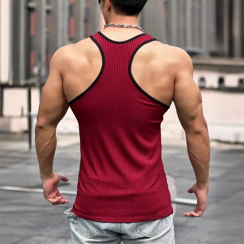 Summer Knitted Vertical Stripe Fitness Fit Tank Top Men's I-Block Color Blocked Tank Top